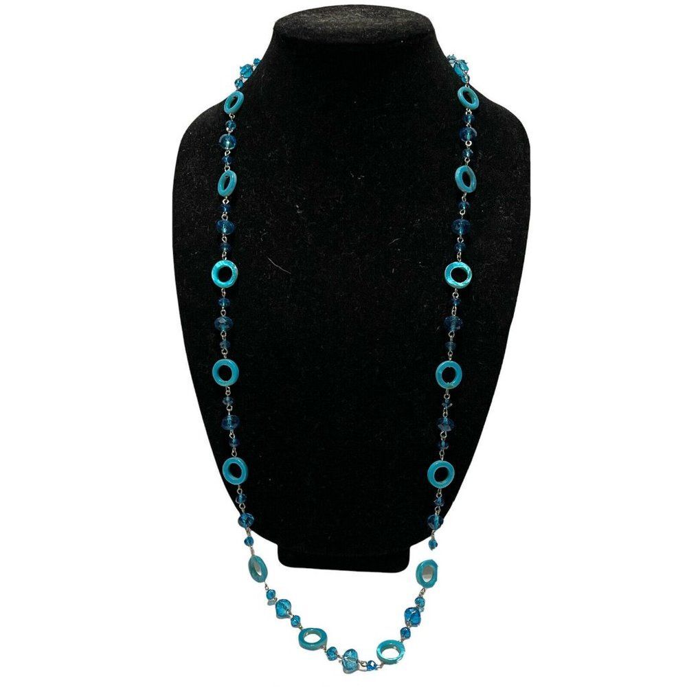 34” Long necklace silver chain blue multifaceted beads iridescant rings Circles
